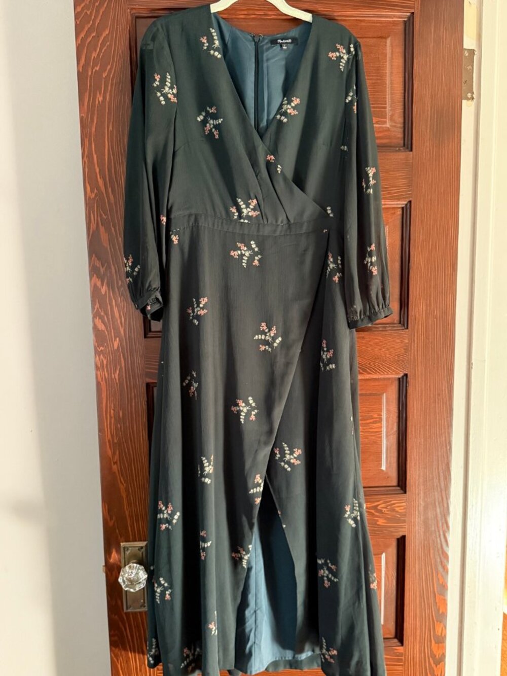 Madewell Wrap-Front Maxi Dress Dark Green Floral Long Sleeve Size 6